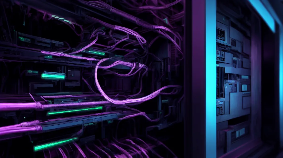 Dark cyberpunk datacenter with purple and cyan color scheme