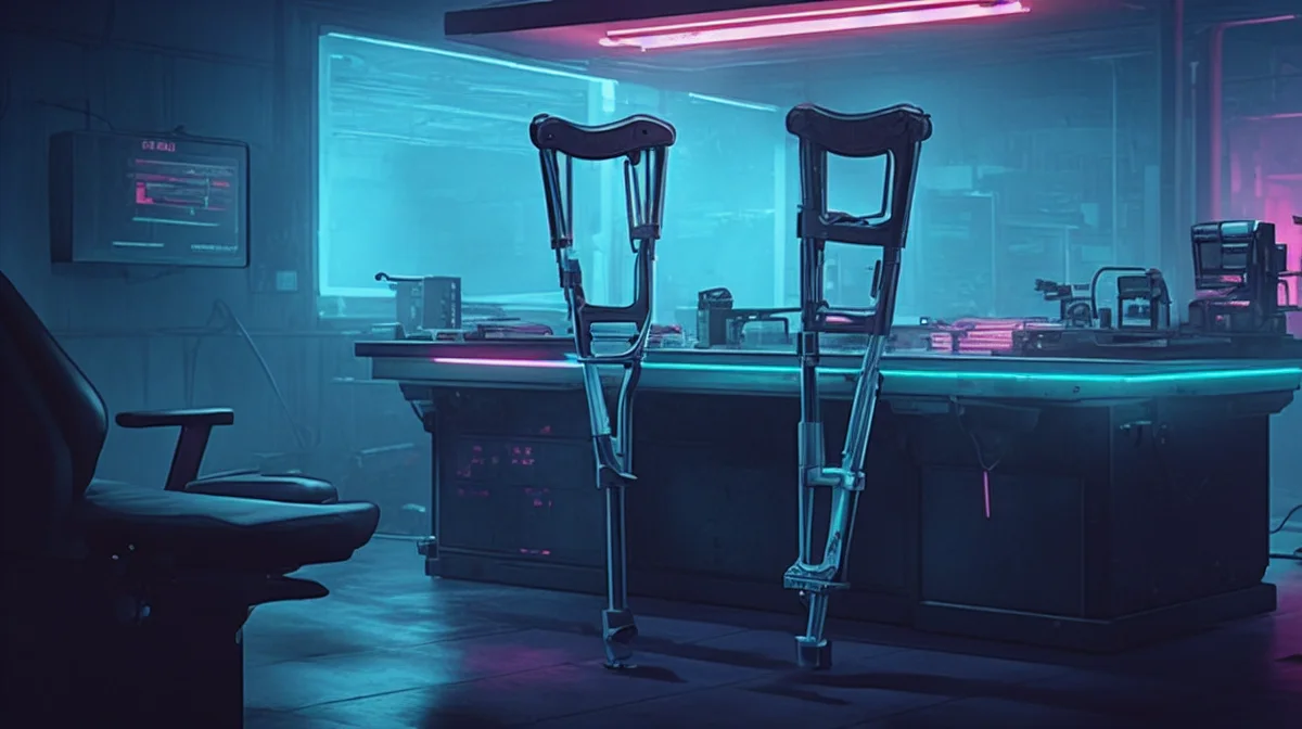 scifi concept art of two crutches on a futuristic desk