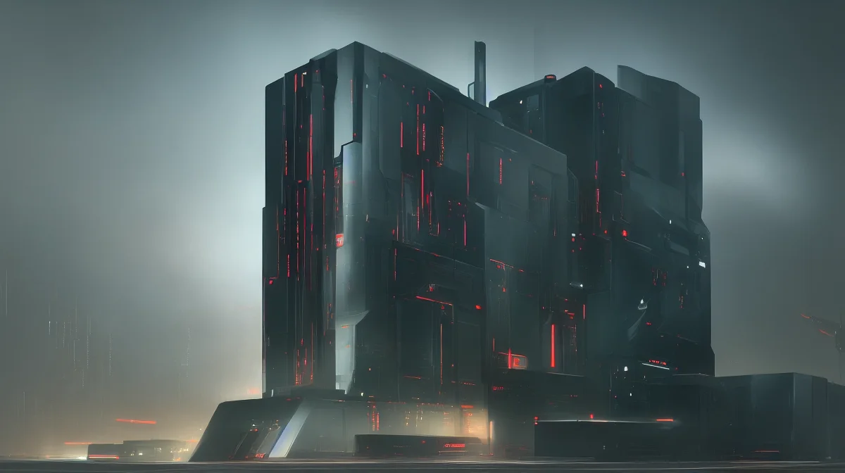 Dark cyberpunk fortress with red and copper accents