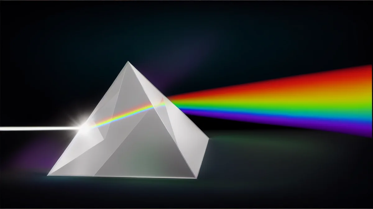 a pyramidal prism splitting white light into a rainbow