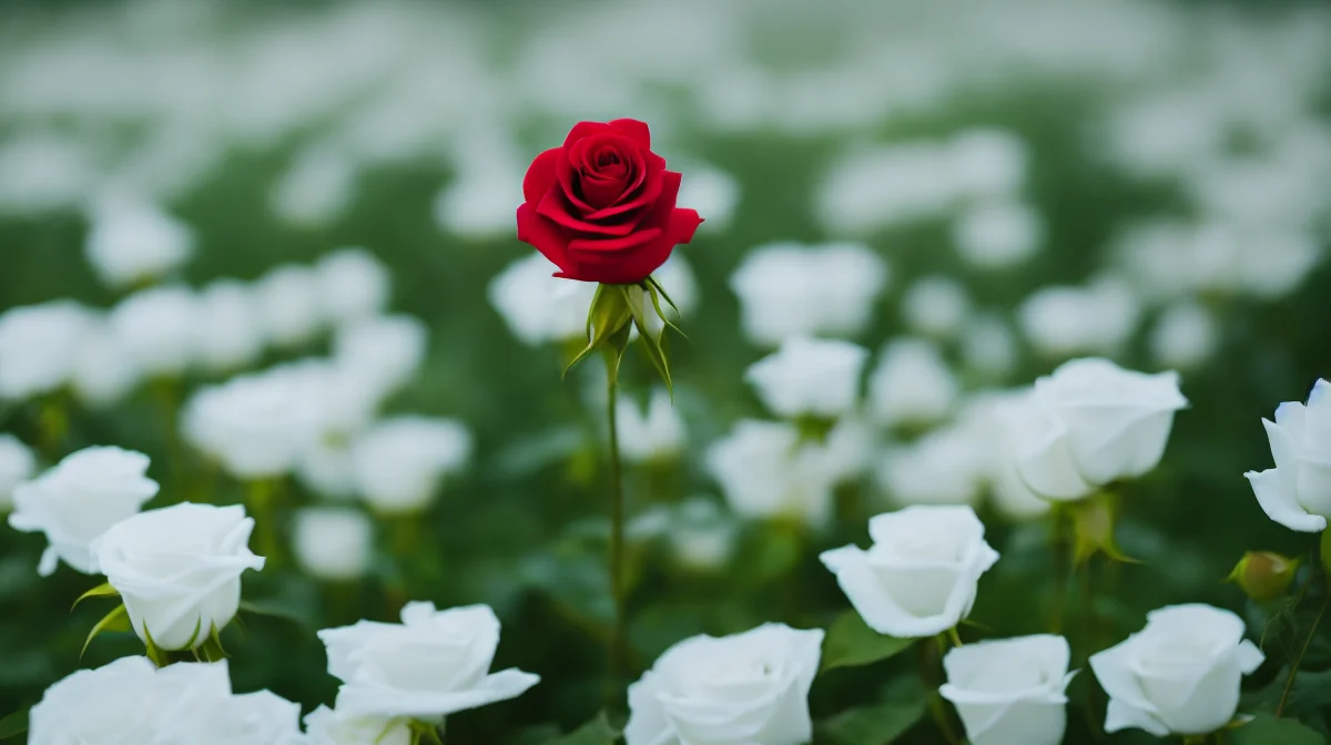 a single red rose in a field of white roses