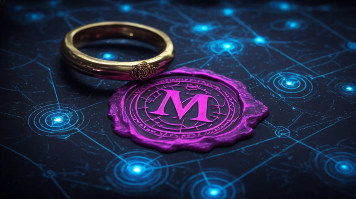 Signet ring pressing a wax seal onto a network topology diagram